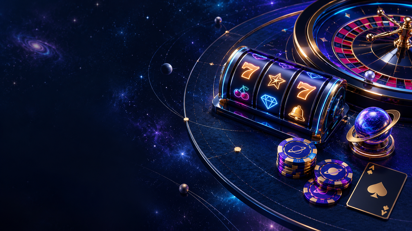 Slot reels, roulette, chips and a planet marker on a cosmic game desk