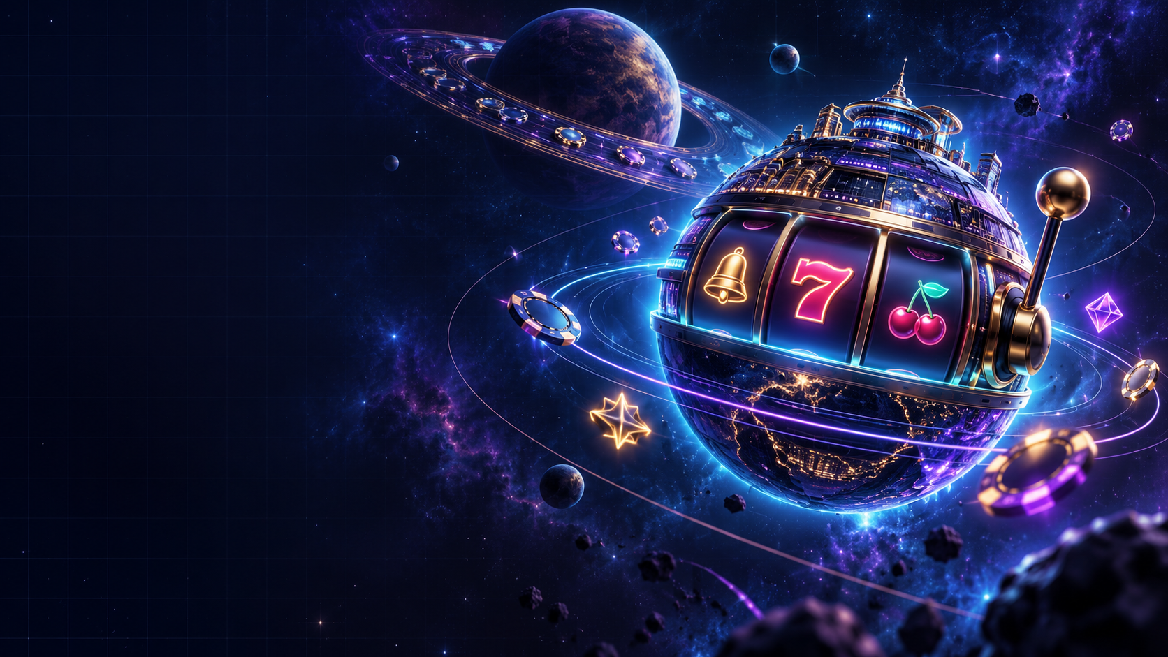 Glowing slot machine planet with orbiting casino tokens